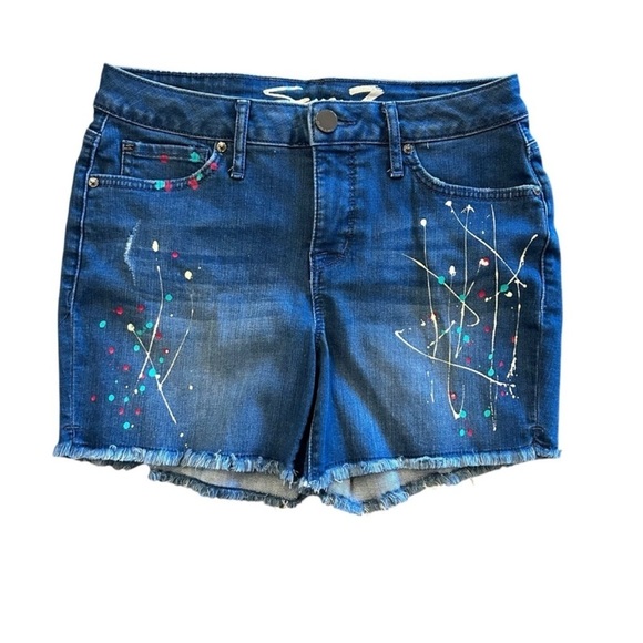 Stylish Blue Denim Shorts with Paint Splatter - Picture 1 of 11